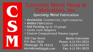 Corcoran Sheet Metal Fabrication, 226 Clay St, Sharpsburg, PA